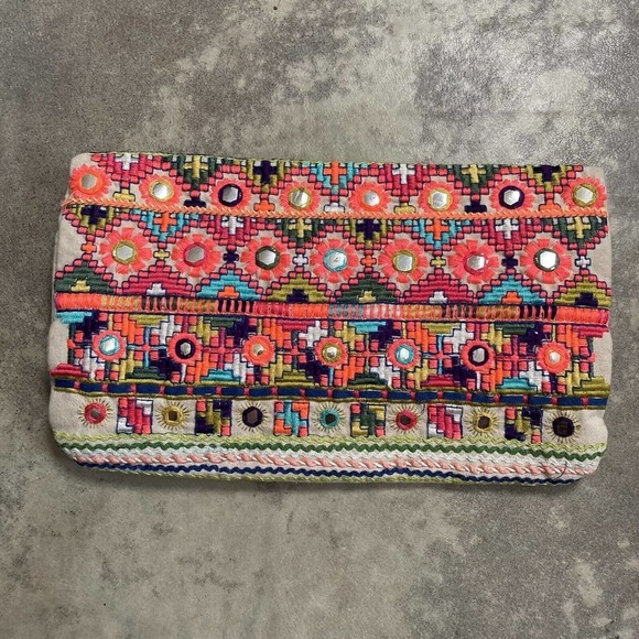 Star Mela Jui Large Neon Embroidered Studded Fold over Clutch Multicolor - Picture 2 of 12